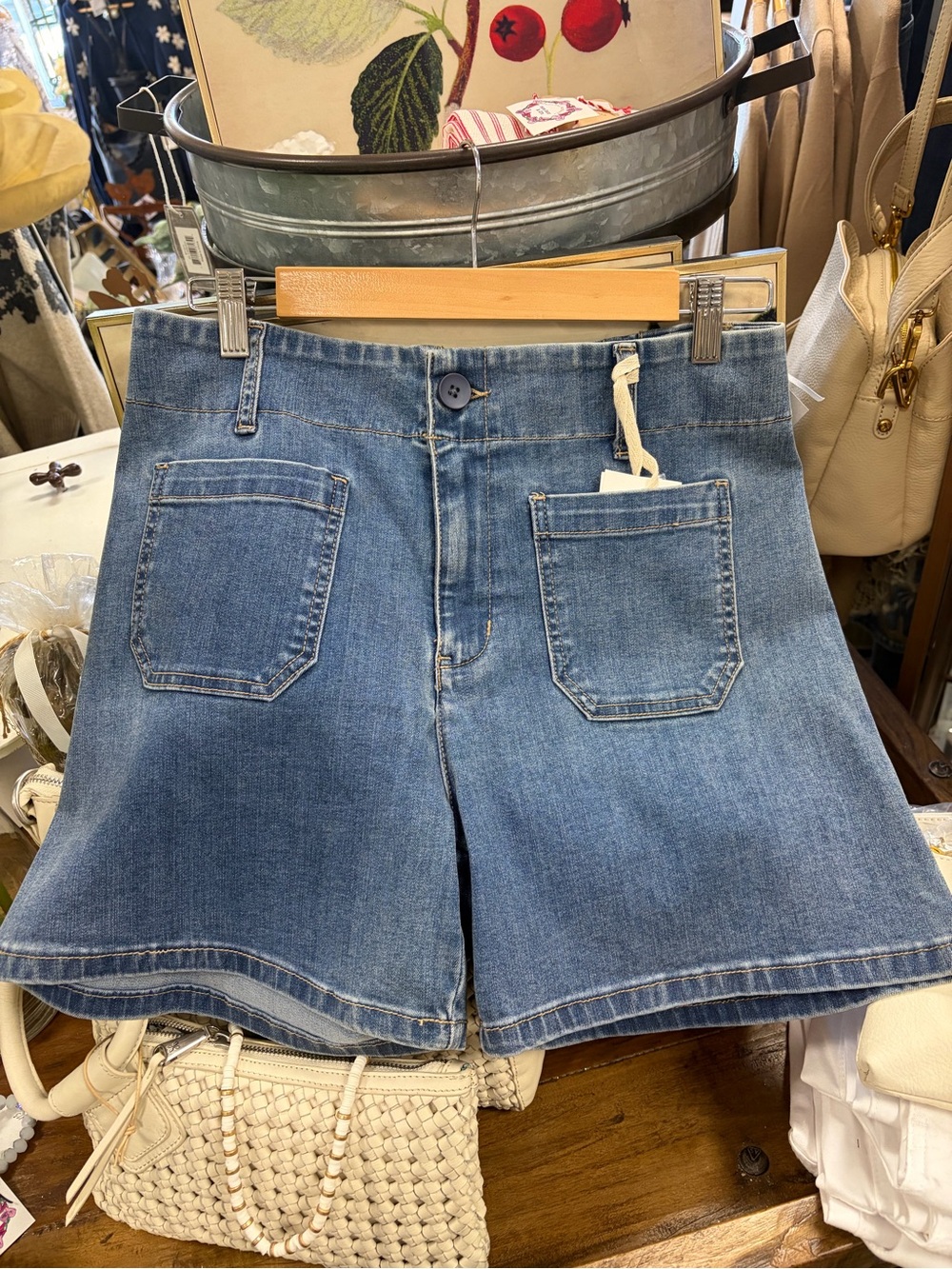 CHARLIE B Light Blue Denim Shorts with Front Patch Pockets